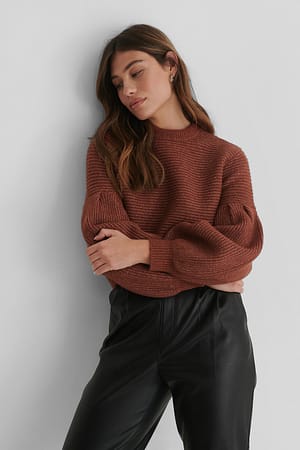 Rust Dropped Puffy Sleeve Knitted Sweater