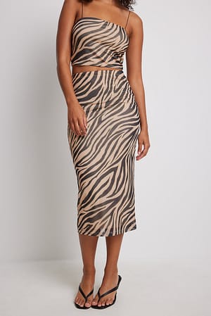 Brown Zebra Print Fitted Mesh Midi Skirt