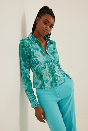 Watercolor Green Fitted Satin Shirt