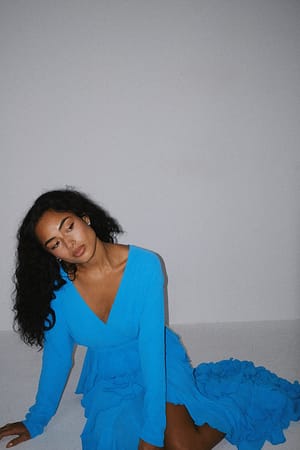 Blue Vestido maxi com folhos