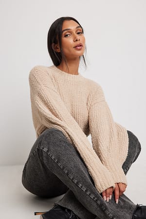 Beige Fluffy Knitted Round Neck Sweater