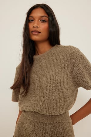 Brown Fuzzy Knitted Short Sleeve Top