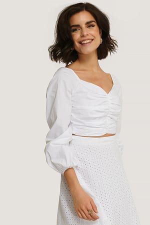 White Gathered Front Cotton Blouse