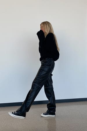 Black Pantalón de PU con costura de contraste reciclado