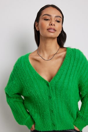 Green Knitted Ribbed Fuzzy Cardigan