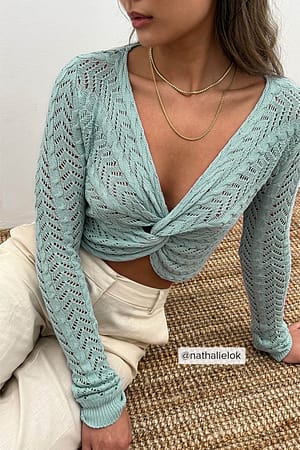 Light Blue Lace Knitted Wrap Detail Sweater