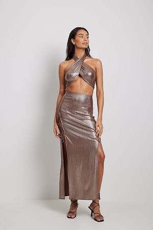Brown Lacing Shiny Maxi Skirt