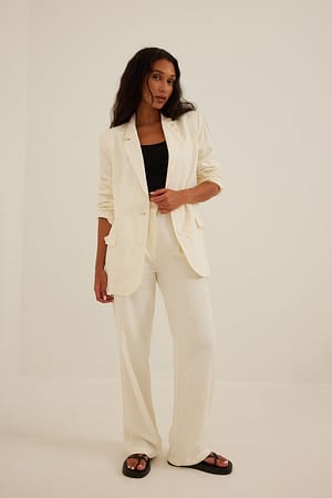 White Pantalón de traje de talle alto de mezcla lino