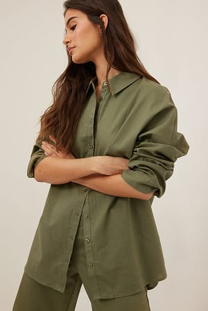 Khaki Green Camisa Oversize com Mistura de Linho