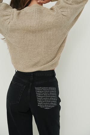 Black Quote Detailed Straigth Jeans