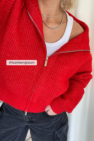 Red Big Collar Zipped Knitted Cardigan
