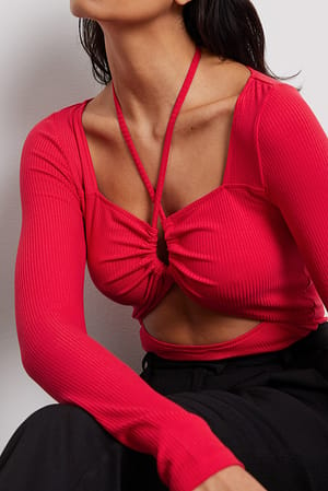 Red Long Sleeve Strappy Front Top