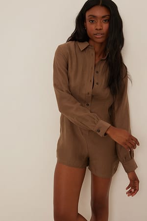 Brown Long Sleeved Linen-Blend Playsuit