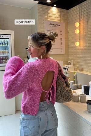 Pink Knitted Open Back Balloon Sleeve Sweater