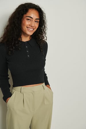 Black Button Detail Knitted Cropped Top
