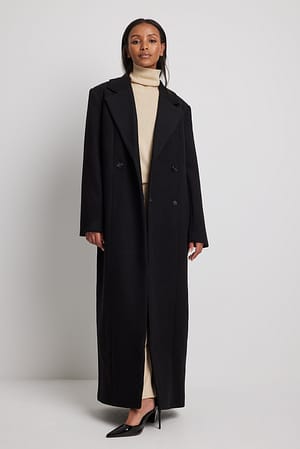 Black Abrigo con cintura marcada, mezcla de lana