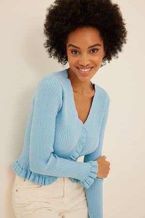 Light Blue Fine Knitted Frill Button Cardigan