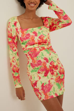 Abstract Floral Gathered Sides Satin Dress