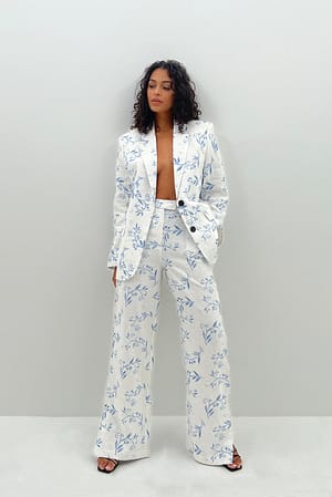 Blue/Paisly Print Pantalón de lino con raja lateral