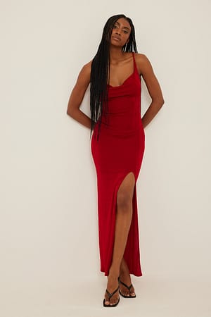 Red Waterfall Neckline Maxi Dress