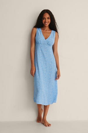 Blue Print V-Neck Midi Dress