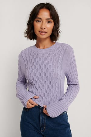 Light Purple Cable Knit Round Neck Sweater