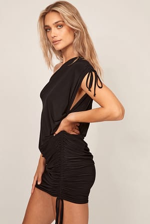 Black One Shoulder Drawstring Mini Dress