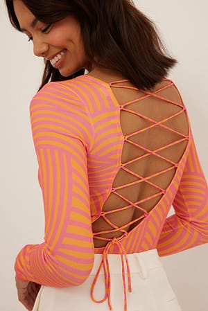 Orange Print Back Strap Detail Long Sleeved Top