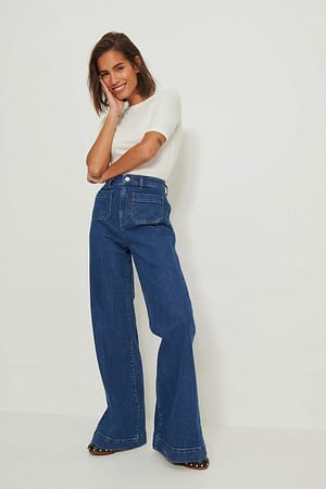 Dark Blue Jeans com Perna Larga e Bolso à Frente 70's orgânicos