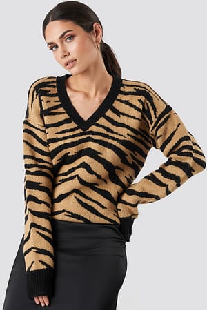 Zebra Animal Printed V-Neck Knitted Sweater