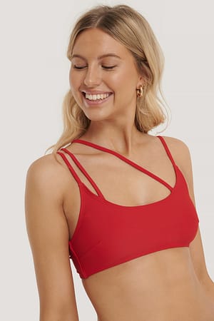 Red Asymmetric Strap Bikini Top