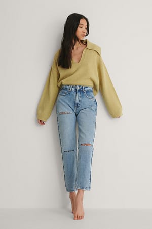 Mid Blue Back Cut Detail Mom Jeans