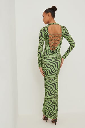 Green Print Back Lace Detail Maxi Dress