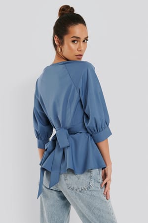 Blue Balloon Sleeve Belted Blouse
