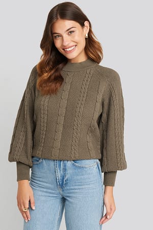 Brown Balloon Sleeve Cable Knitted Sweater