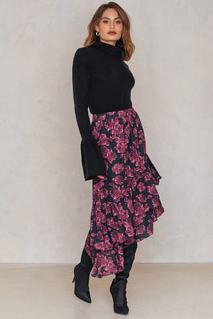 Black/Burgundy Bottom Frill Midi Skirt