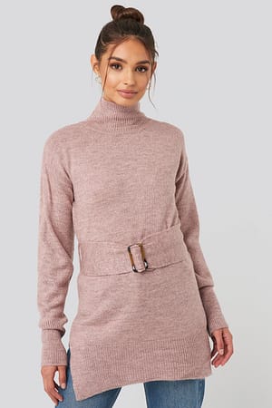 Dusty Dark Pink Buckle Belt Knitted Sweater