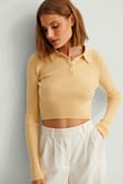 Dusty Yellow Button Detail Knitted Cropped Top