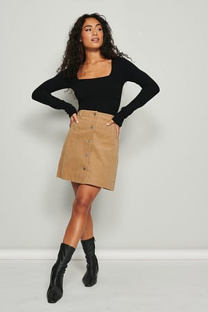 Dark Beige Buttoned A-line Corduroy Mini Skirt