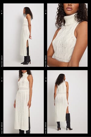 Offwhite Recycled kabelstickad lång klänning med hög krage