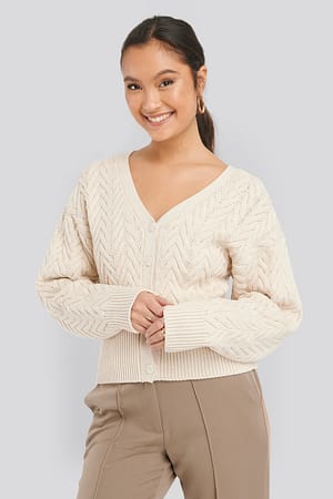 Light Beige Cable Knitted Short Cardigan