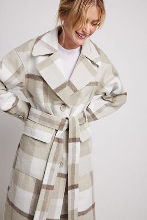 Beige Check Checked Oversized Belted Coat