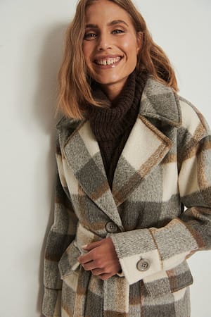 Grey/Beige Checked Oversized Belted Coat