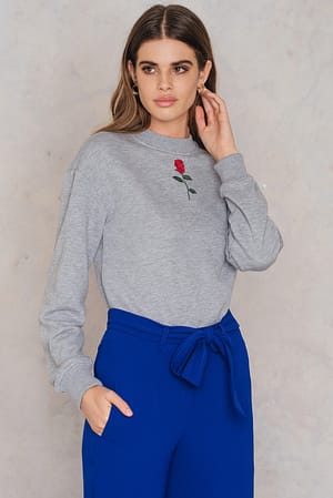 Grey Melange Chest Rose Embroidery Sweater