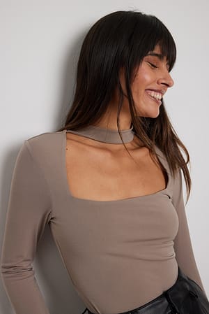 Taupe Choker Square Neck Top