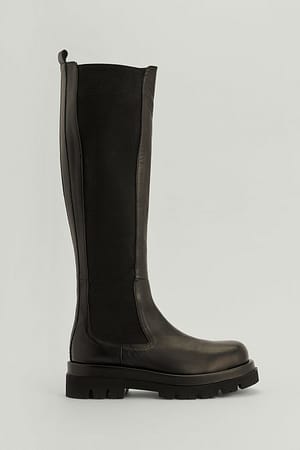 Black Chunky Leather Profile Shaft Boots
