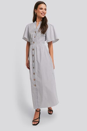 Black/White Stripe Cinched Waist Maxi Shirt Dress
