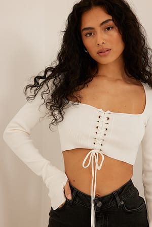 White Front Lacing Detail Knitted Top