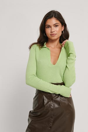 Green Collar Detail Knitted Sweater