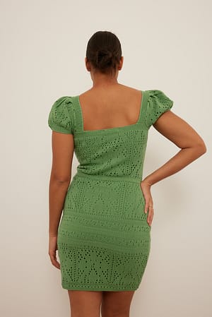 Green Crochet Knitted Puff Sleeve Mini Dress